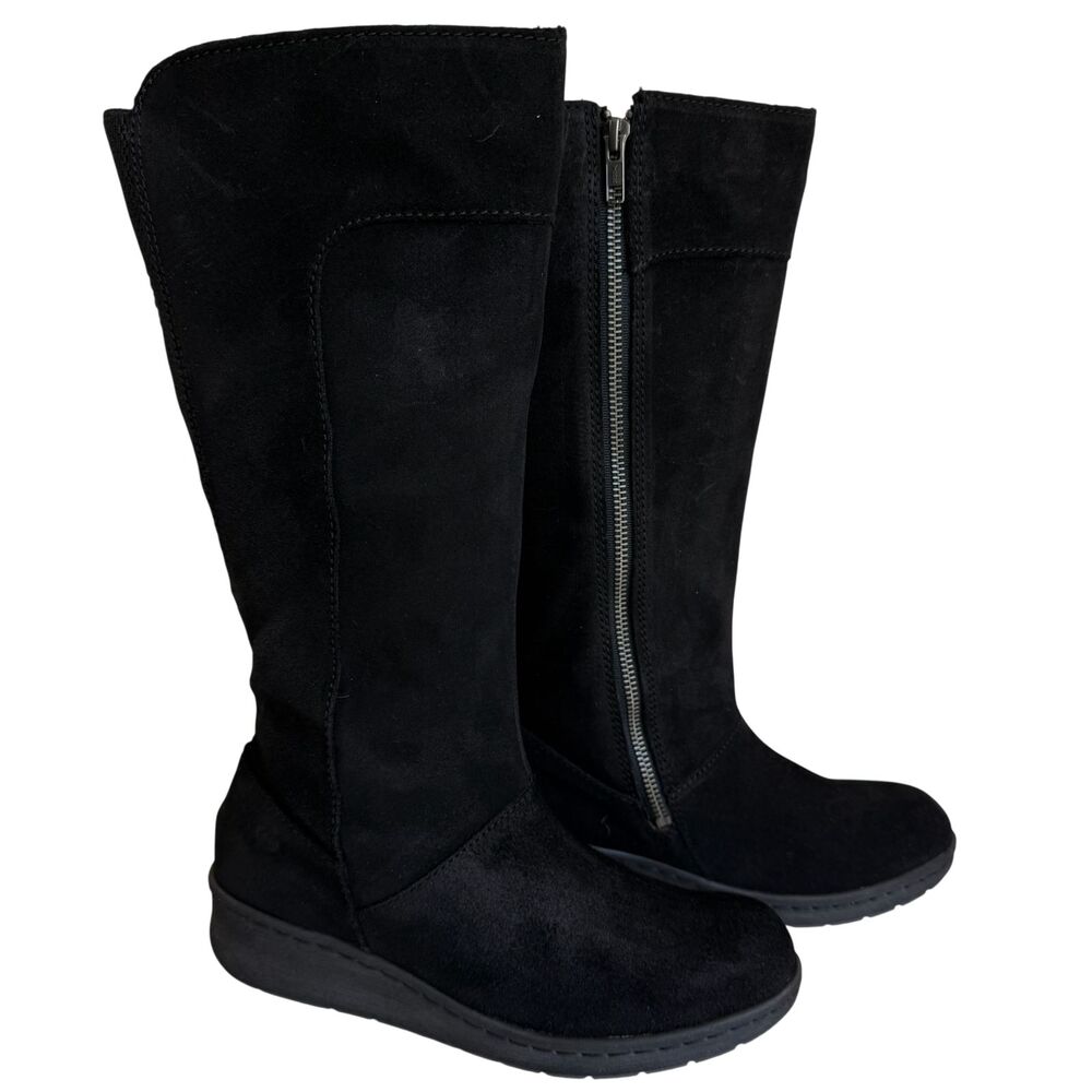 Born Brandenburg Black Suede Tall Wedge Boots Side Zip Knee High Women Size 7.5